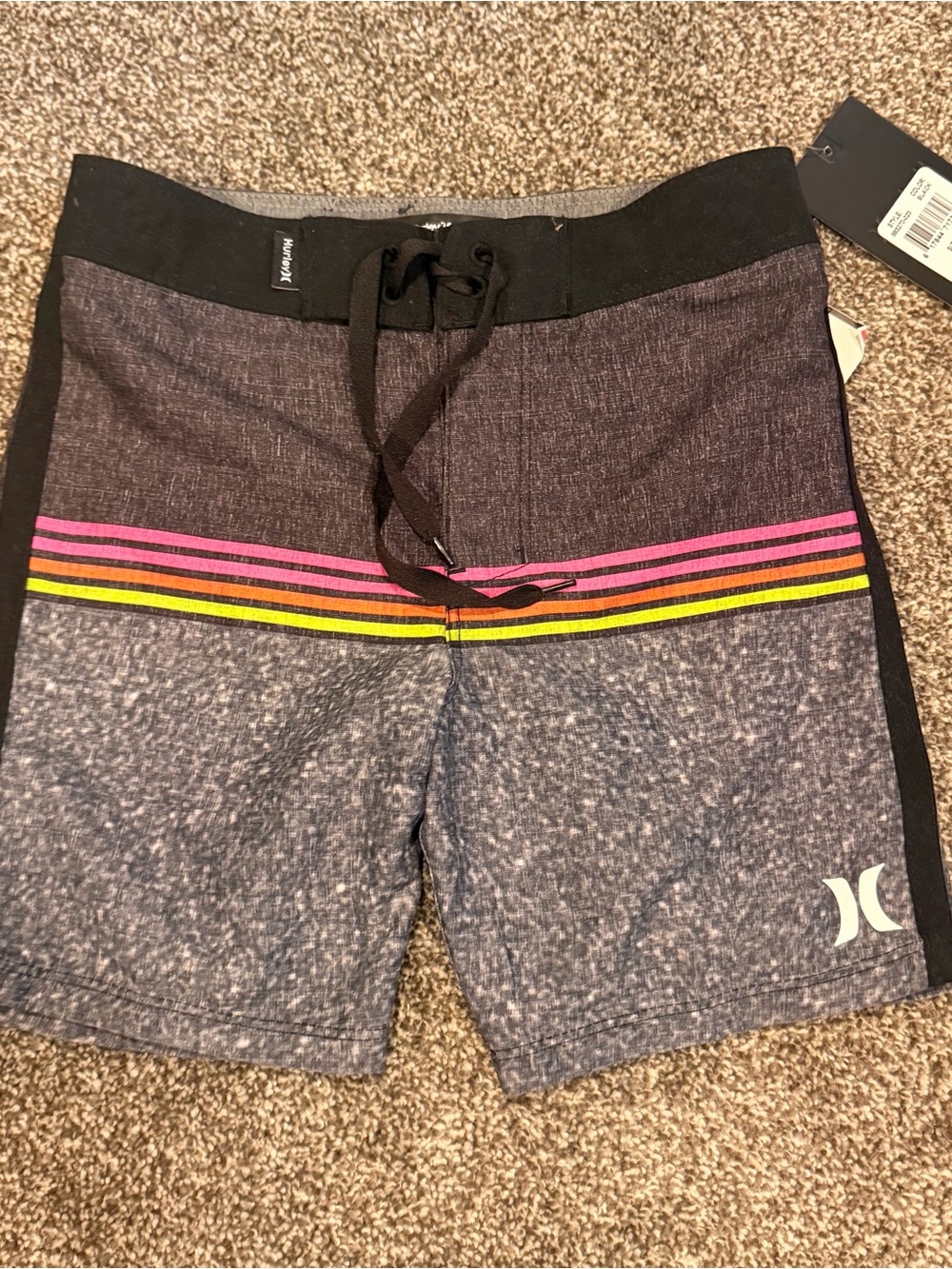 Hurley boys Gray & Black Stripe Boardshorts with Pink Accent